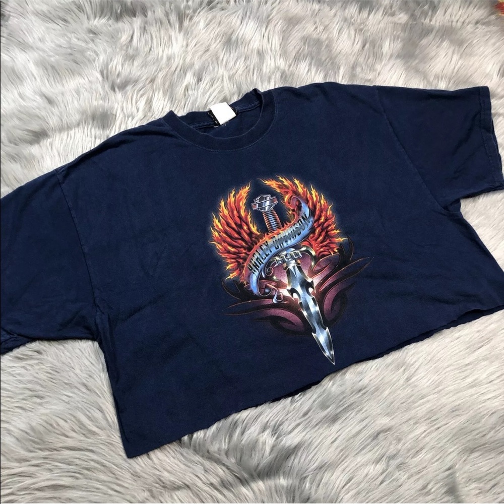 Vintage Y2K 2005 Harley Davidson Navy Cropped Cut Off T Shirt
